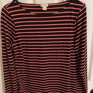 J. Crew long sleeved tee in navy and pink stripe, boat neck, size small